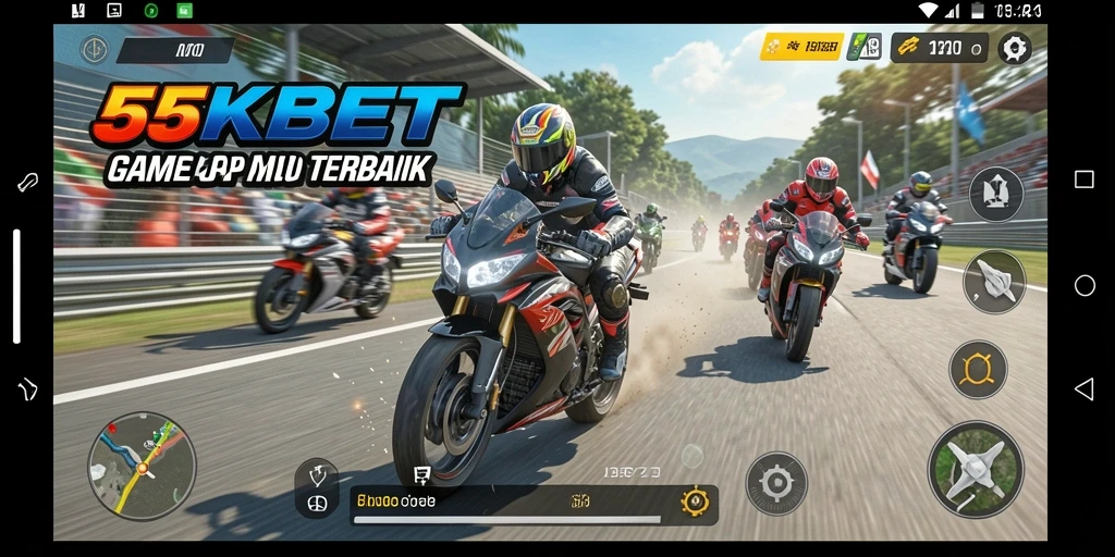 Screenshot gameplay <strong>55KBET</strong> menampilkan aksi balap motor yang mendebarkan.