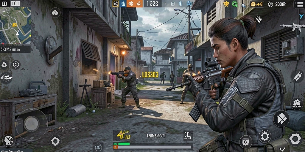 Screenshot utama menunjukkan aksi seru dalam gameplay FPS.