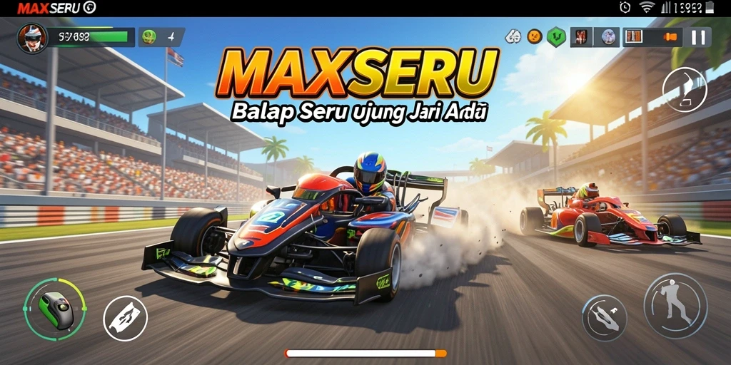 Screenshot gameplay MAXSERU yang menunjukkan aksi balap seru.