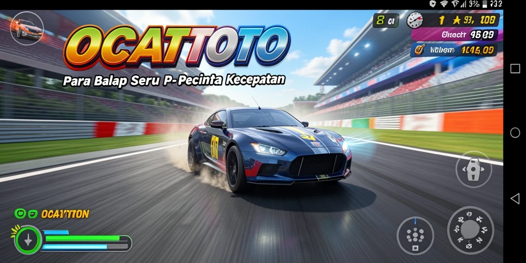 Gameplay seru dalam OCATOTO dengan mobil balap yang cepat.